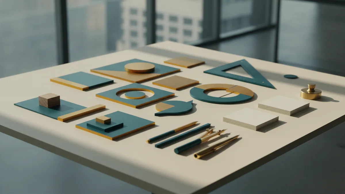 Geometric shapes and aligned text boxes arranged for a logo