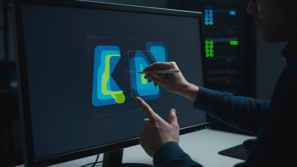 Designer adjusting a logo mockup using layers and transforms