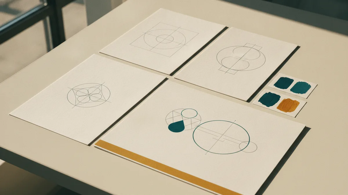 Close view of hand-drawn geometric logo concepts and color studies