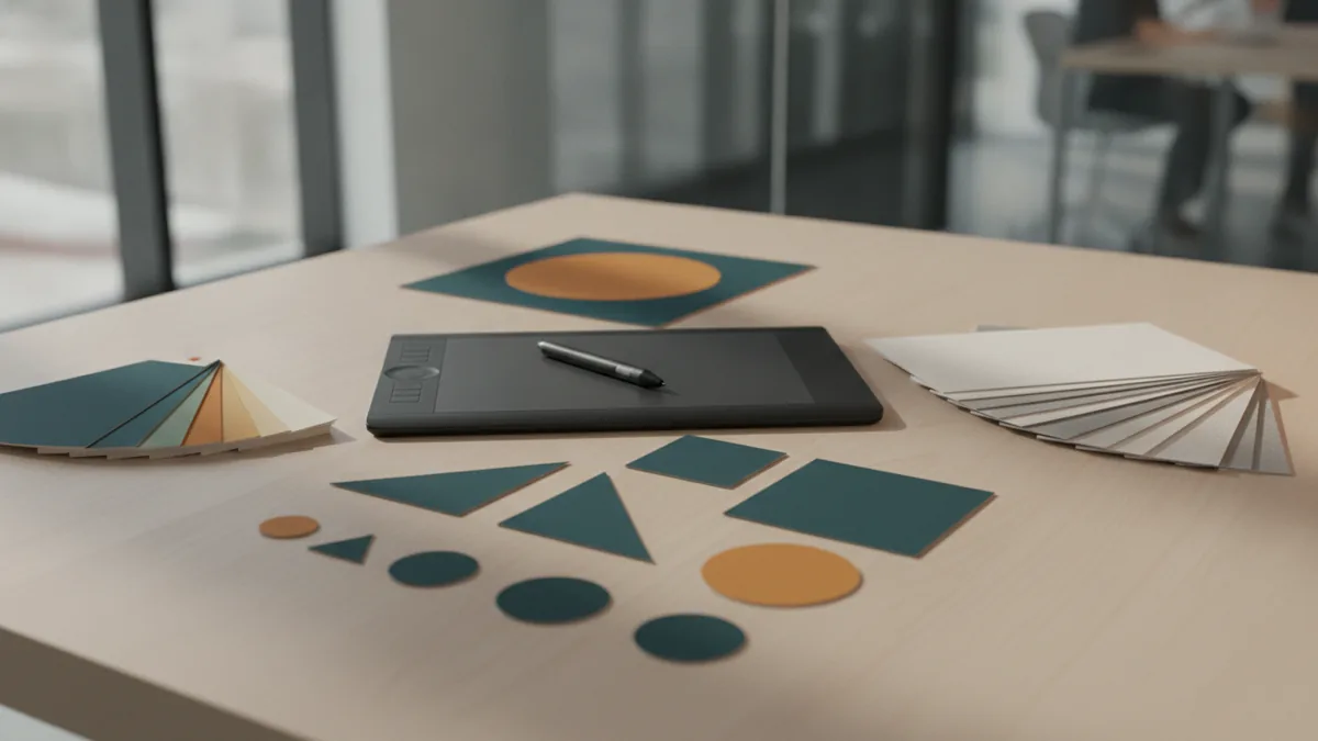 Vector logo design workspace with geometric shapes, color samples, and typography tools