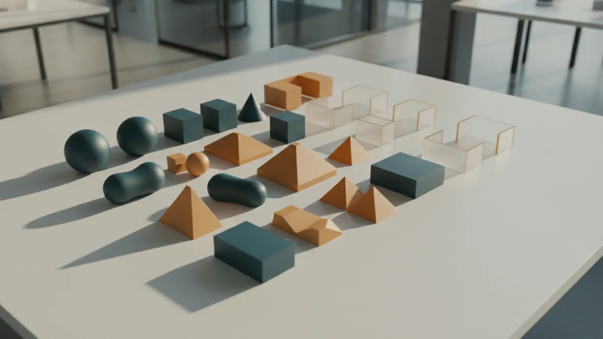Geometric brand symbols arranged in a clean grid beside color and shape studies