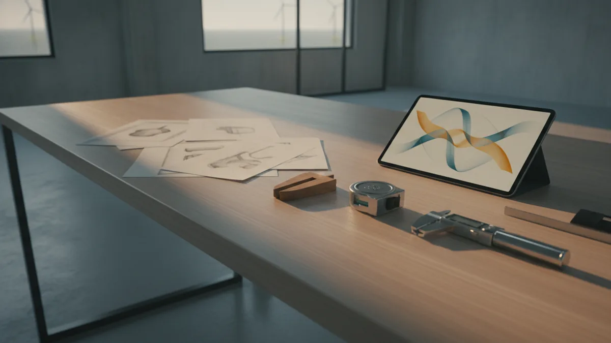 Hand-drawn concept studies beside a tablet and vector tools in a modern design studio
