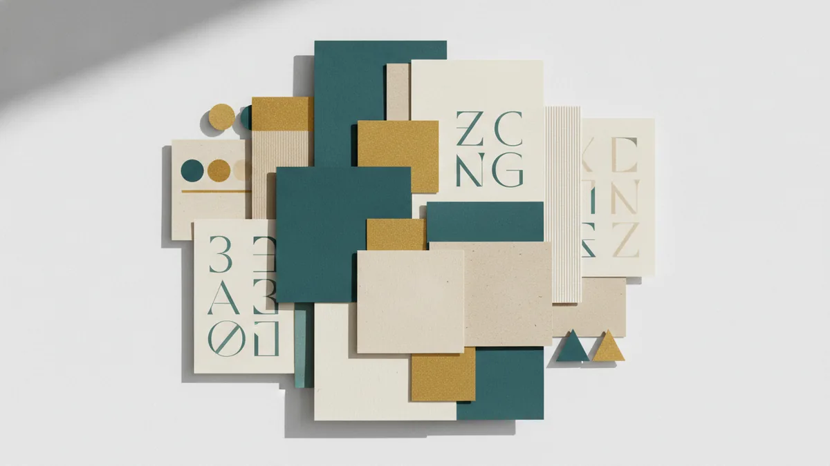 Color cards and type specimens arranged to show a balanced visual identity system