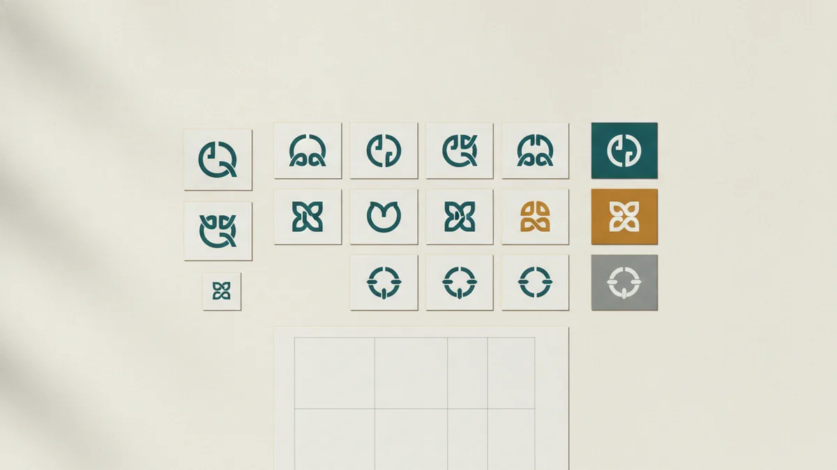 Several abstract brand mark options arranged on cards beside testing notes and size samples