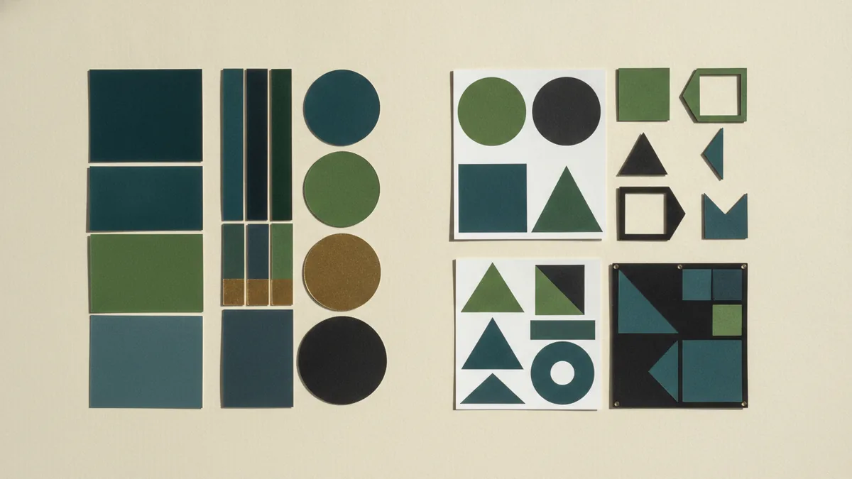 Real estate color palette with blue green gray black and gold swatches