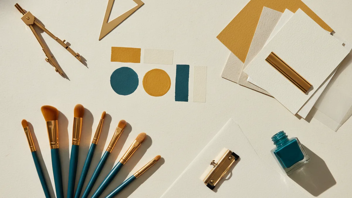 Color swatches and font samples arranged for a makeup brand palette