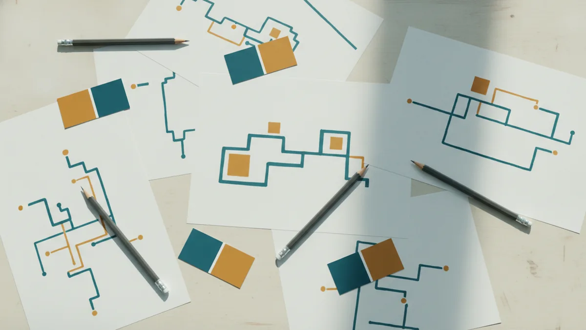 Printed logo drafts and feedback notes arranged on a design studio table