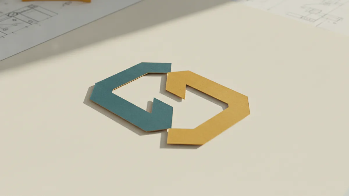 Abstract logo shapes showing color contrast and negative space on a design workspace