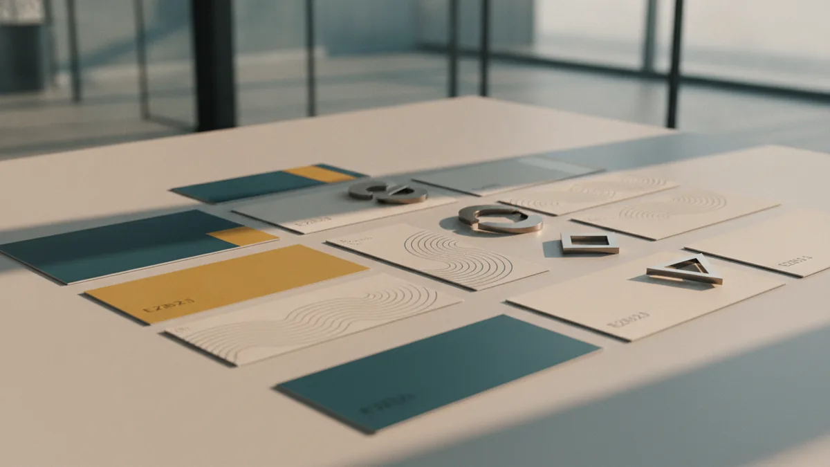 Color palette cards and font samples arranged beside refined geometric logo marks