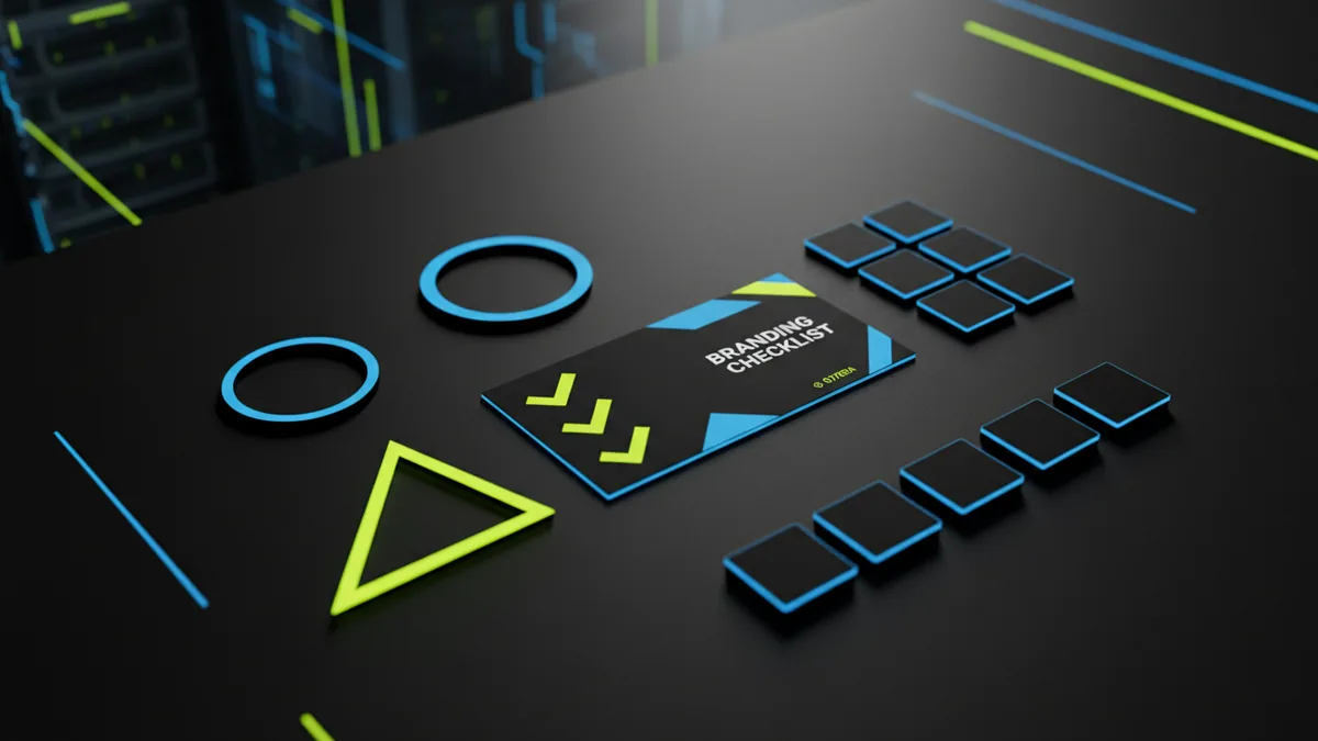 Brand checklist and simple icon sketches laid out on a desk