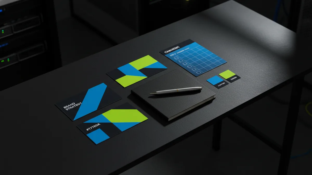 Define brand goals first Brand strategy checklist with notes and color swatches on a desk