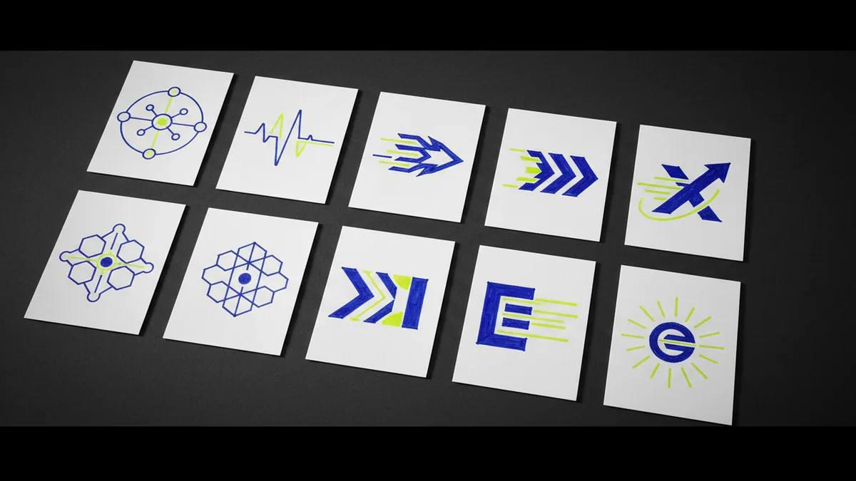 Iterate through logo drafts Thumbnail logo sketches showing different layout directions