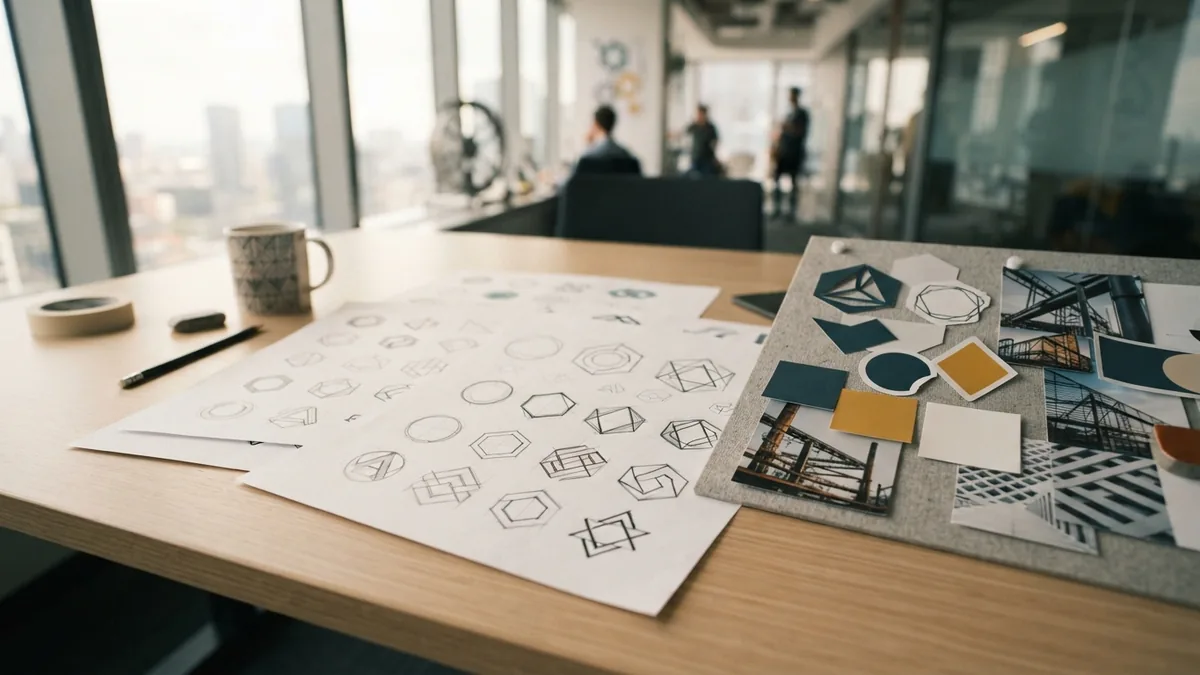 Hand-drawn logo sketches arranged during an early creative design phase