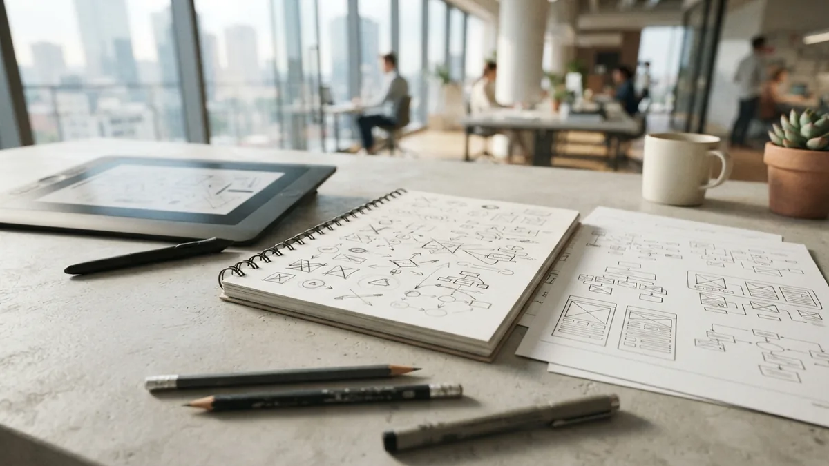 Turning sketches into drafts Pencil logo sketches beside clean vector drafts during design work
