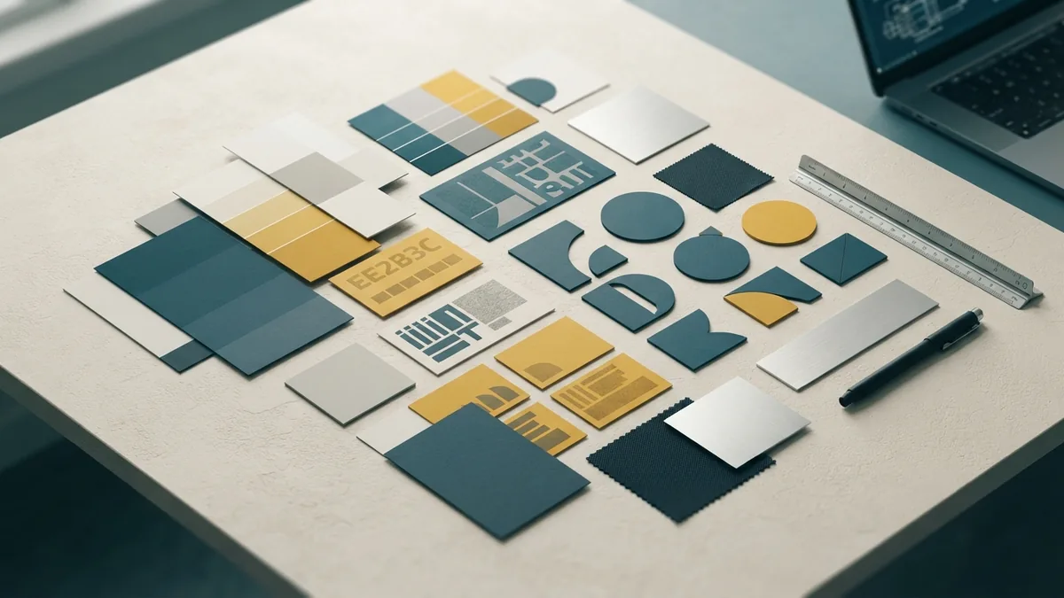 Choosing type and color Color swatches and type samples arranged for a balanced logo palette