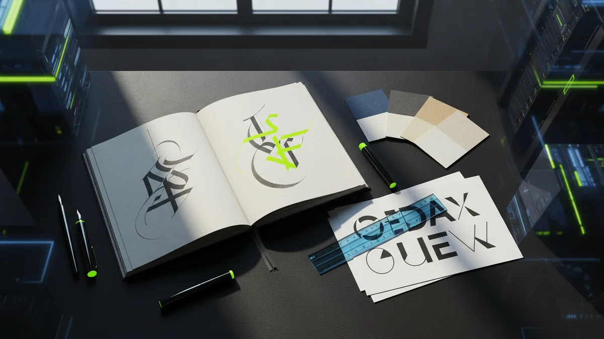 Brand strategy workspace with typography sketches and color swatches