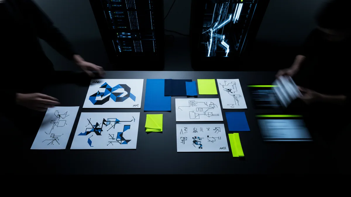 Research and concept boards Designer workspace with color swatches and concept sketches for school branding