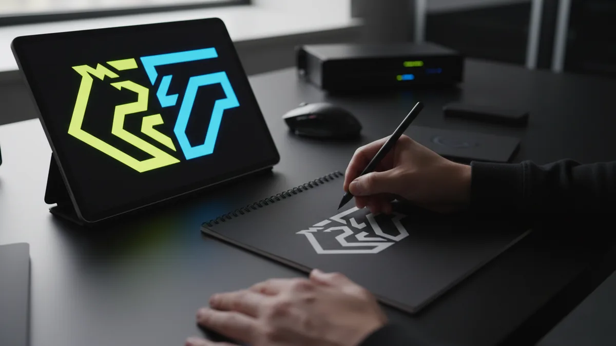 Close-up of bold geometric sports emblem shapes and simplified silhouette drafts