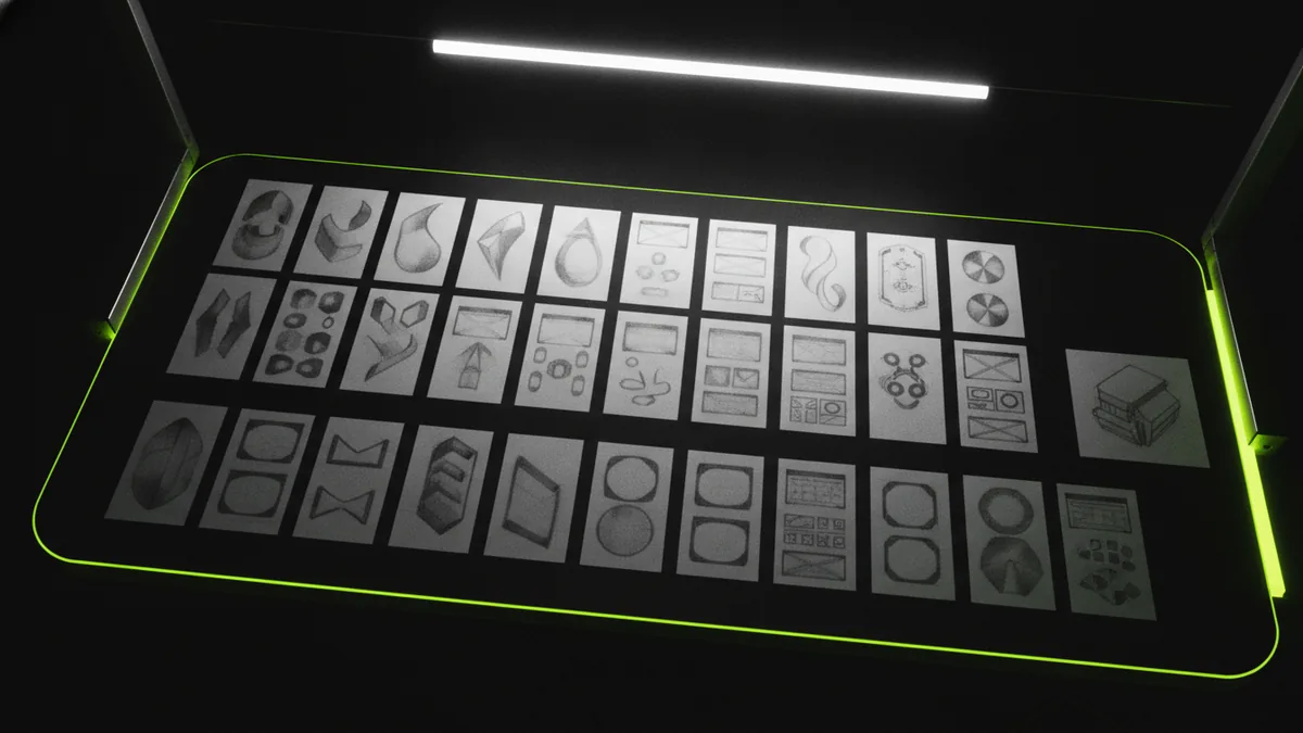 Brainstorm and sketch Top-down sketches exploring different logo shapes for a YouTube channel
