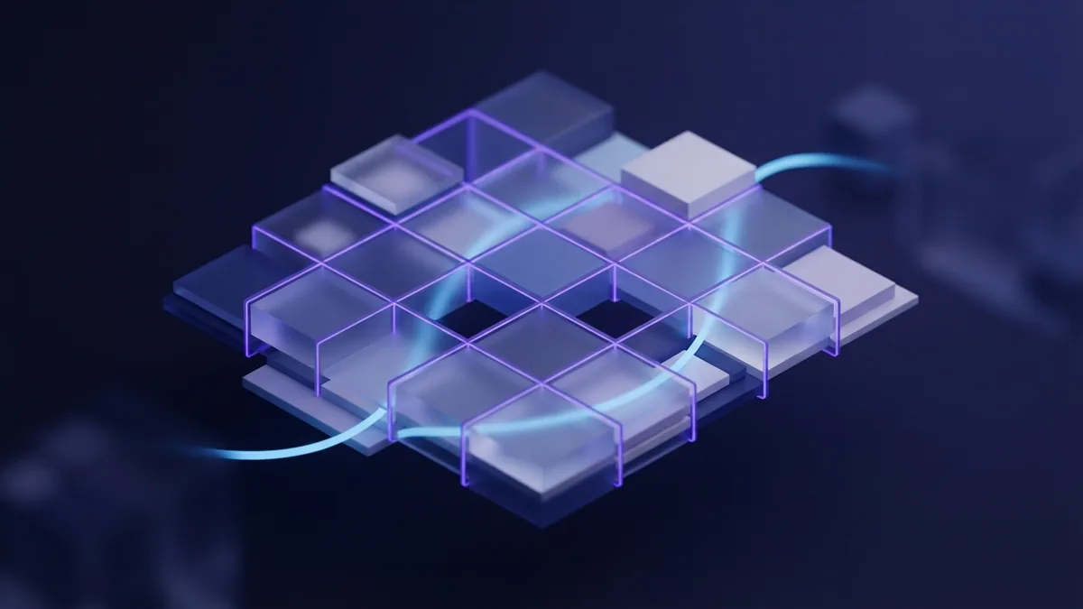 Frosted glass blocks linked by violet nodes in an abstract usability design scene