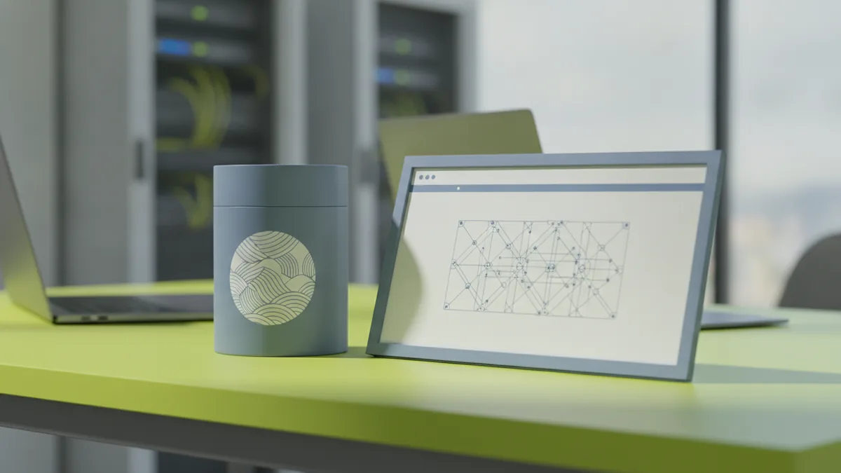 Logo mockups shown on packaging and a website header frame on a desk.