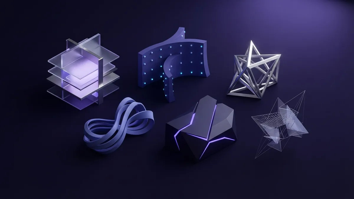 Geometric form study Six abstract geometric forms arranged as a clean indigo design study