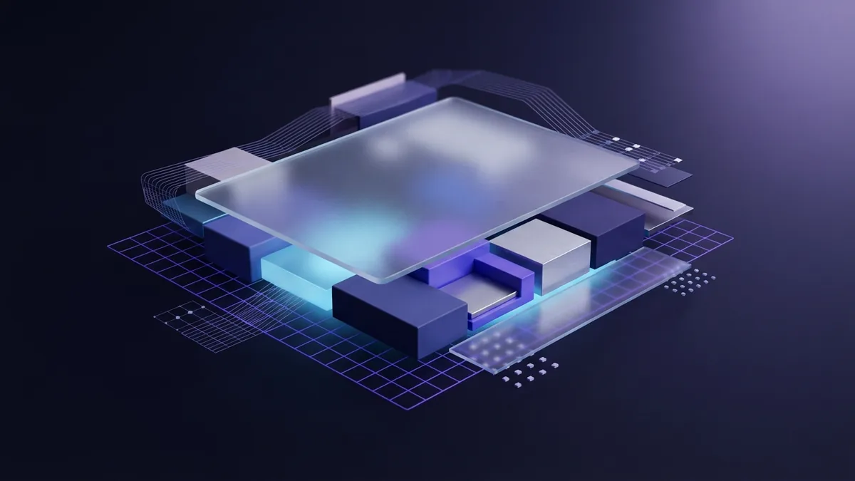 Abstract design workspace Abstract 3D design workspace with grids, planes, and violet geometric blocks