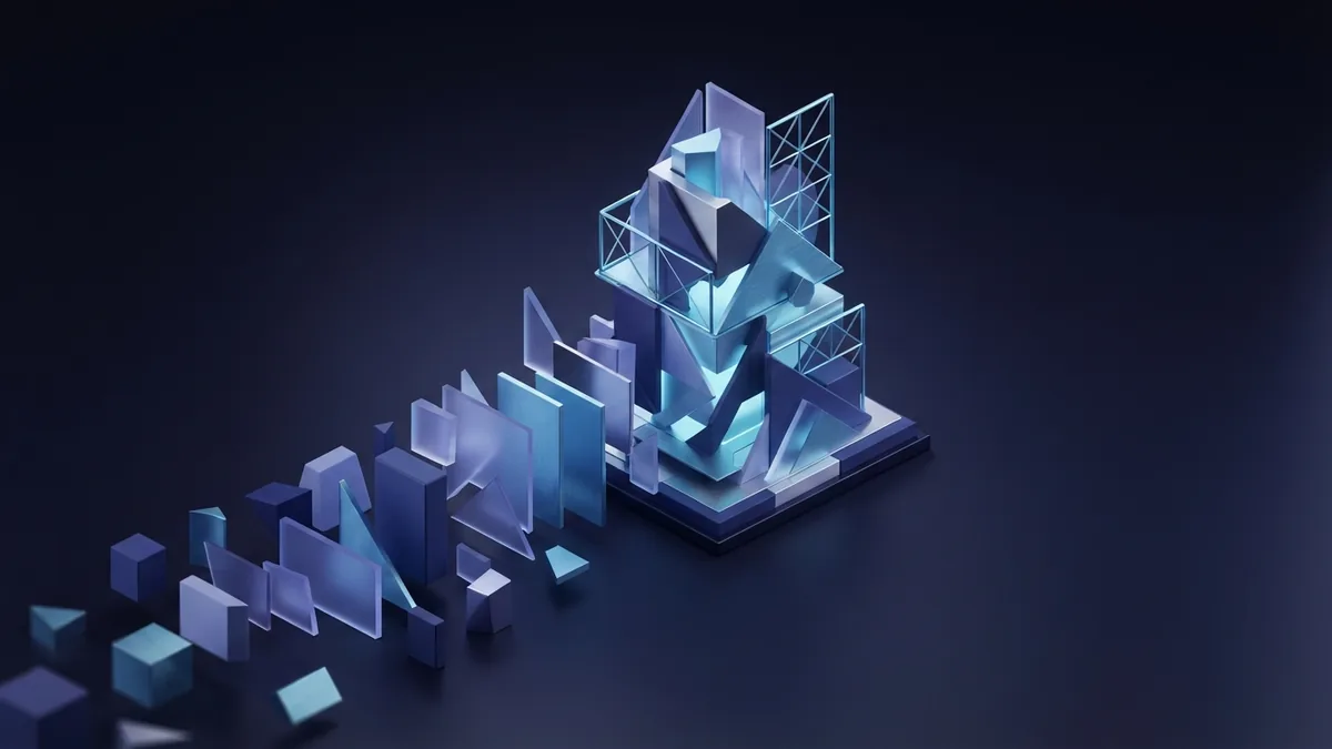 Layered geometric forms showing an ordered design process in indigo and violet