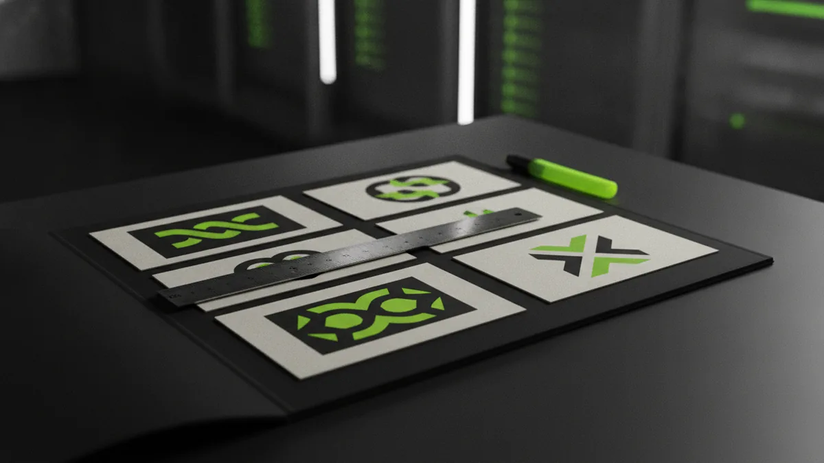 Reviewing logo marks in a portfolio folder with tools nearby