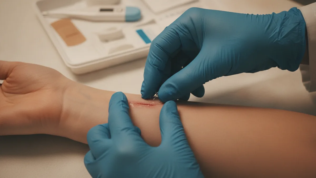 Caregiver inspecting a wound for infection signs and preparing to treat safely.