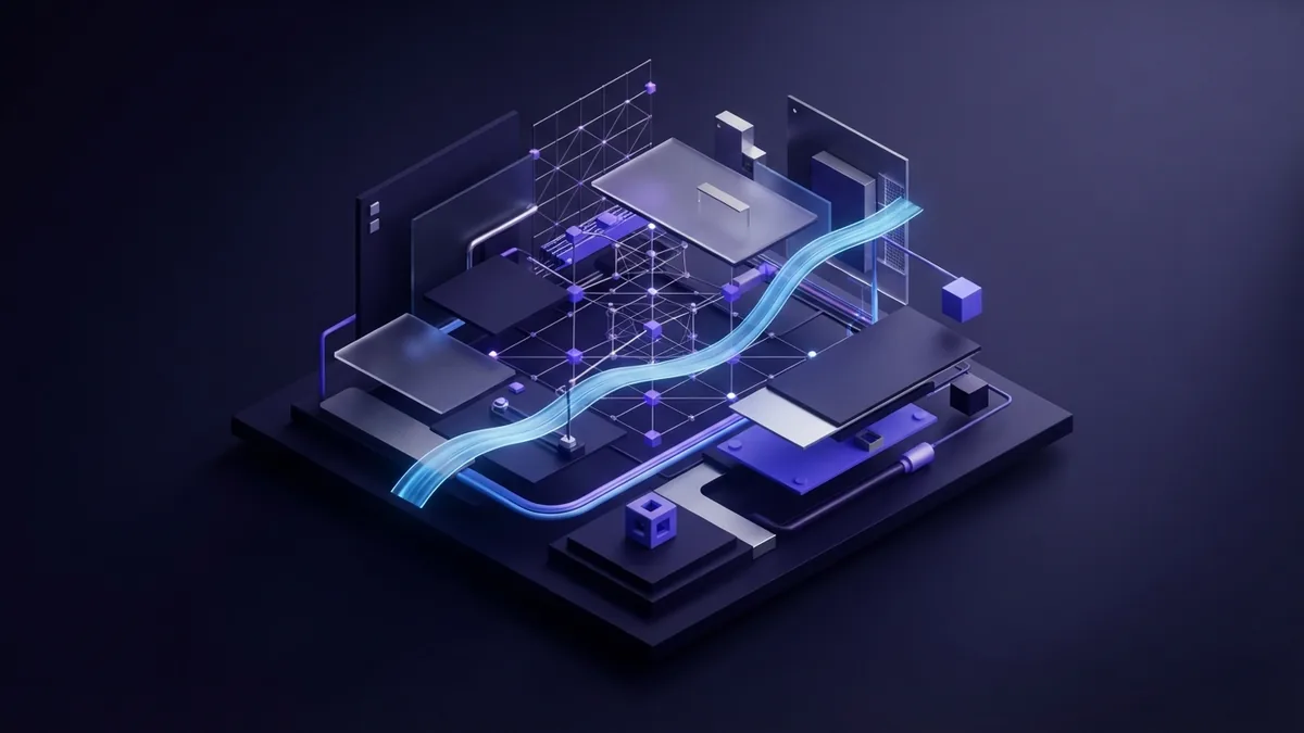 Abstract modular design workspace with violet panels and cyan accents for logo creation