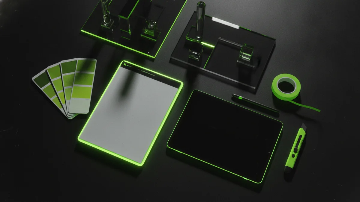 Pick the right logo tools Design desk with sketchpad, color swatches, and stylus for logo work