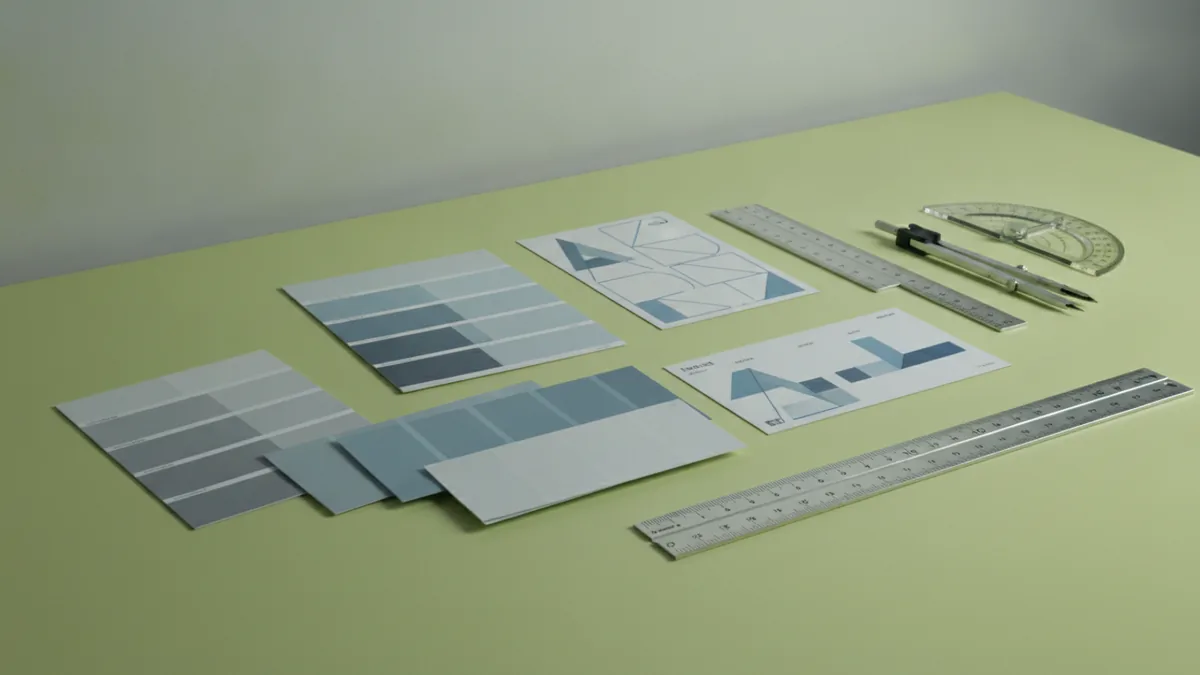 Color swatches and typography reference cards arranged for logo work