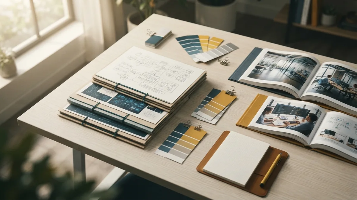 Organizing final logo assets Organized brand asset files represented by printed marks and storage folders