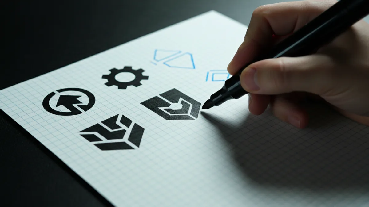Thumbnail sketches showing simplified logo silhouettes for a custom design workflow.