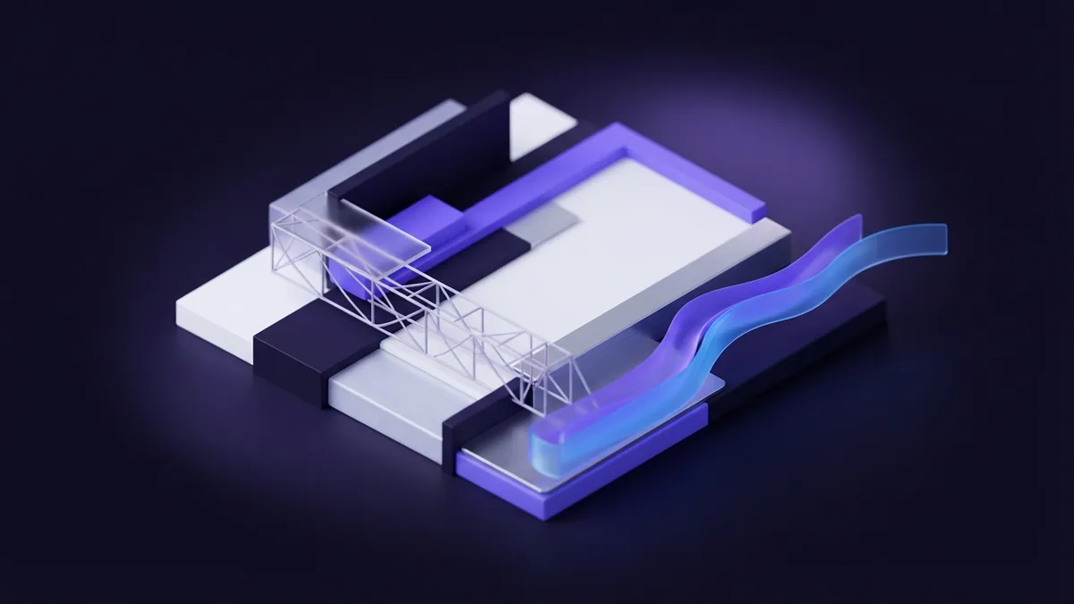 A restrained palette in layered forms Layered indigo, violet, and cool white planes show a restrained brand color palette
