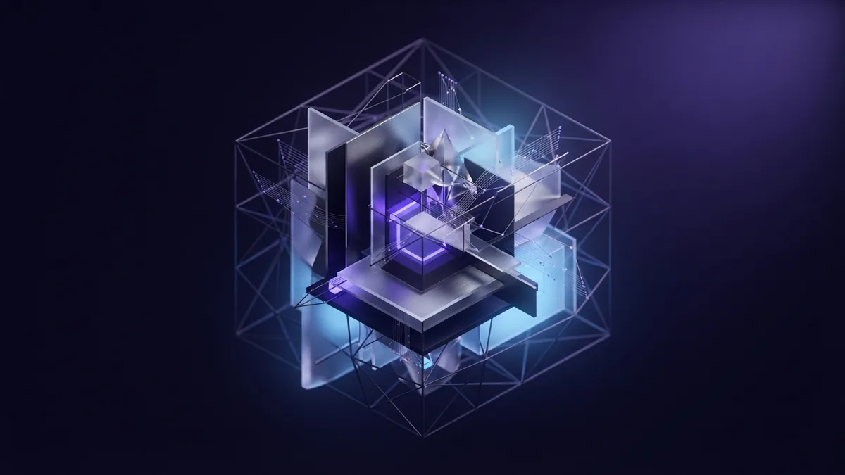 Geometric form and fine lattice suggest a measured process for building a company logo