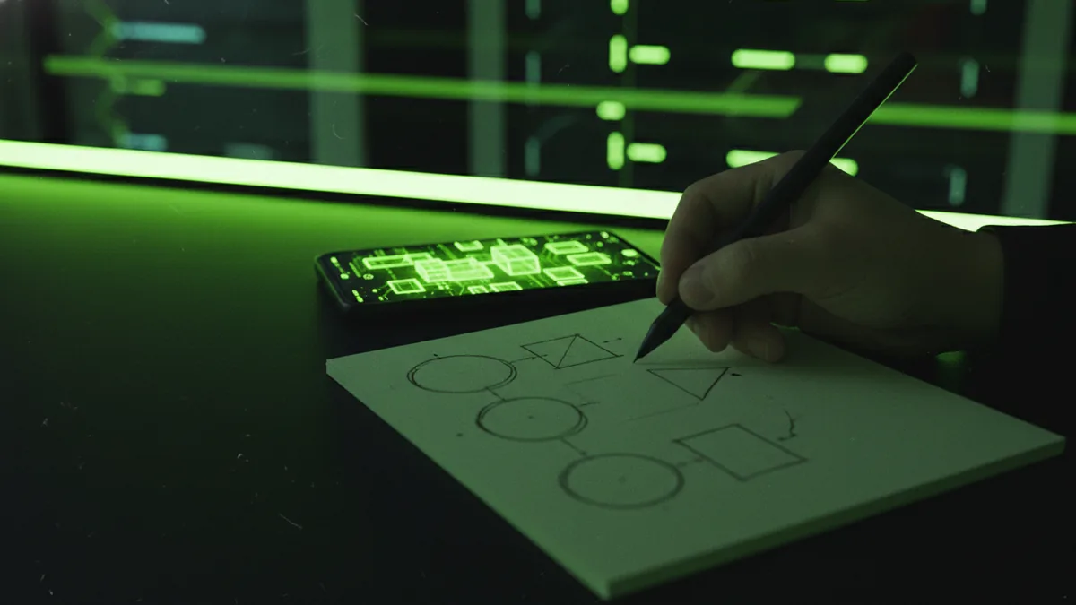 From idea to draft Sketching logo concepts near a phone for quick mobile design