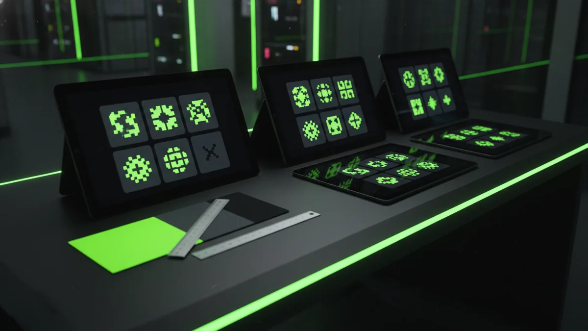 Comparing logo options on multiple devices with design tools nearby