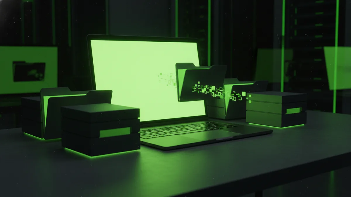 Export transparent PNG Laptop and organized folders representing downloading a transparent PNG file