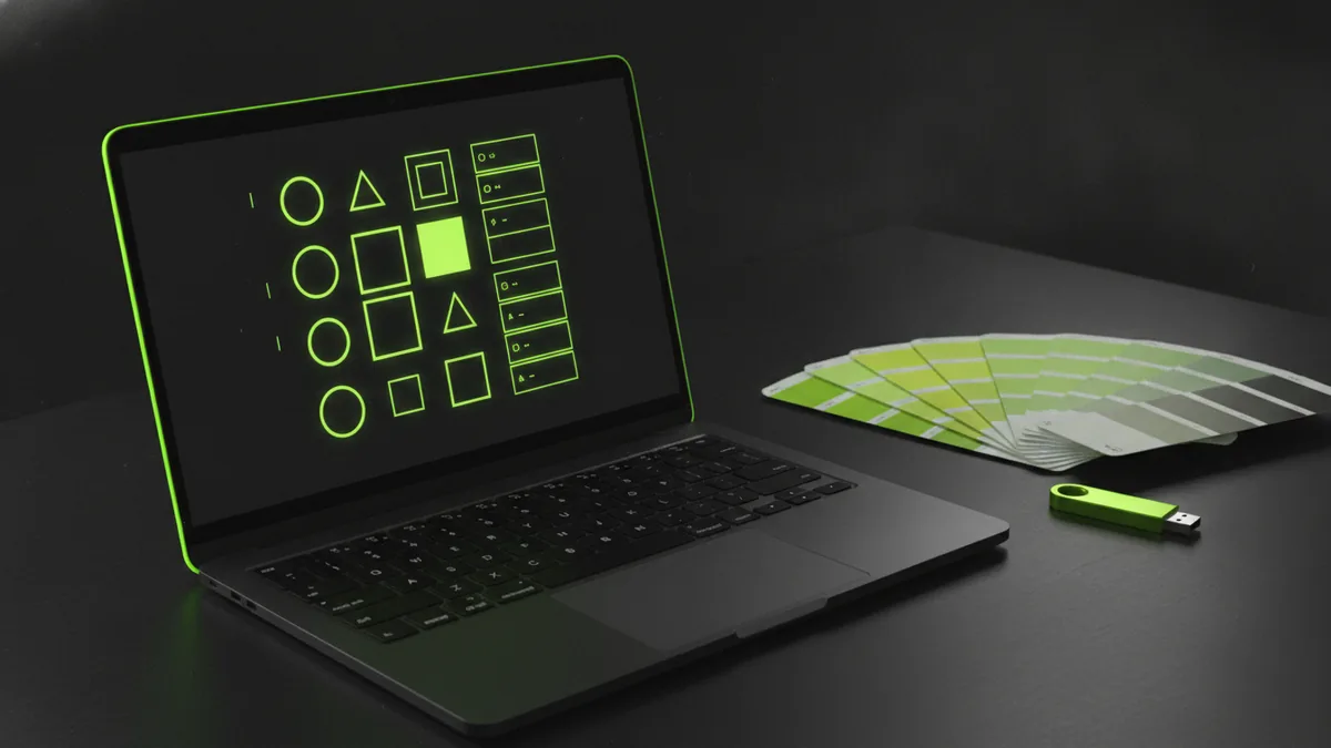Export clean files Laptop and color swatches representing free tools for making a Twitch logo