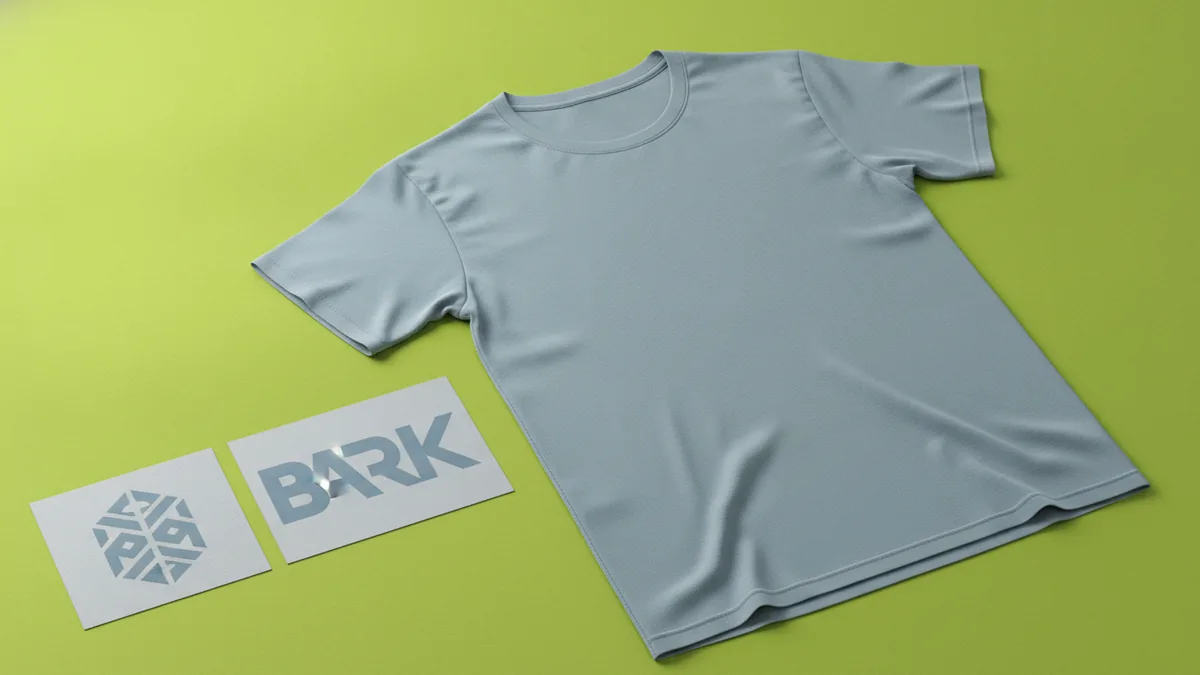 Blank t-shirt beside emblem and wordmark concept cards