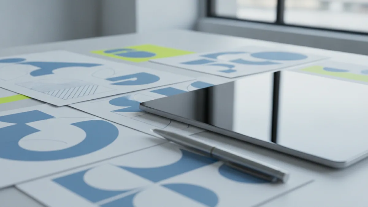 Vector tools and planning Paper layout of logo shapes with pen and laptop on a desk