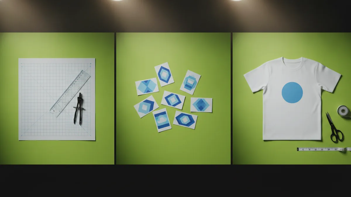 Layered logo shapes and shirt mockup for a step-by-step workflow