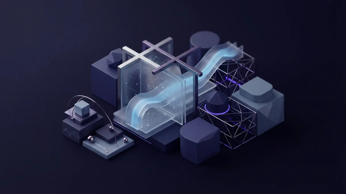 Abstract geometric forms arranged as focused design concepts on dark layered planes