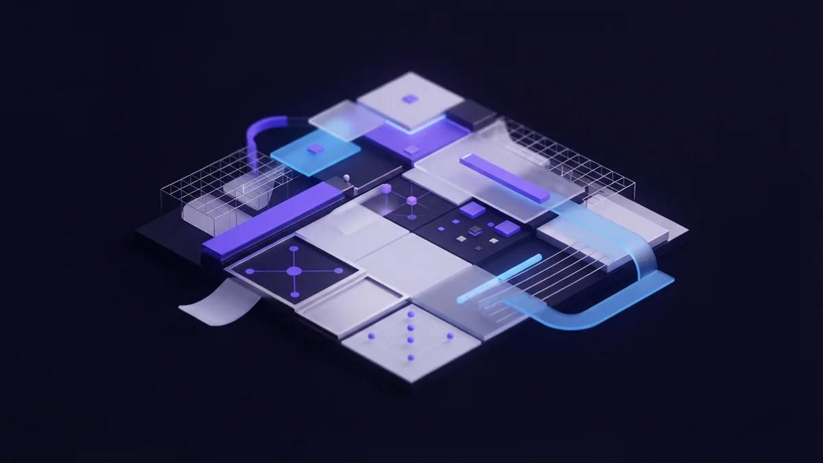 Digital design process Abstract indigo geometric tiles and frosted layers suggesting a digital design process