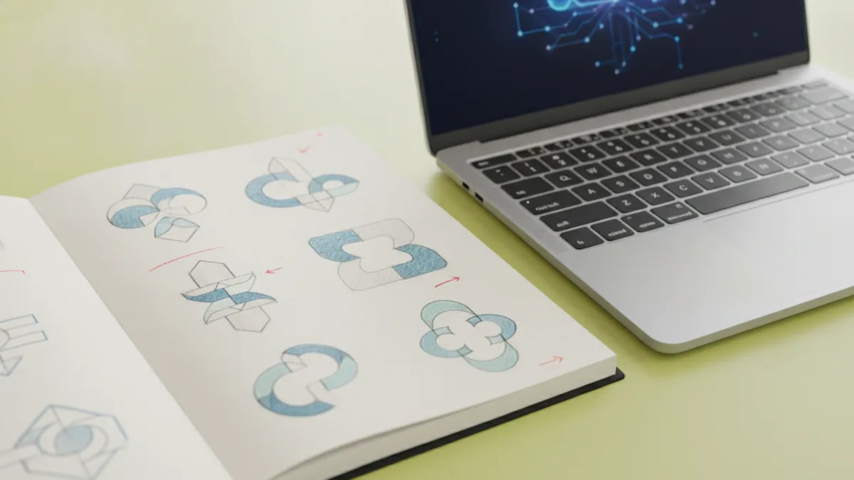 Logo vs brand rights Logo sketch materials on a desk with business documents nearby