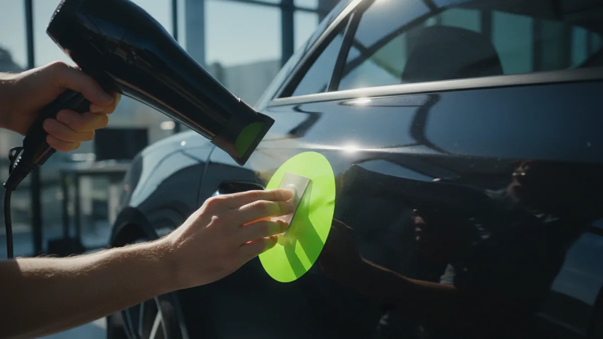Applying gentle heat and peeling a dealership vinyl decal safely