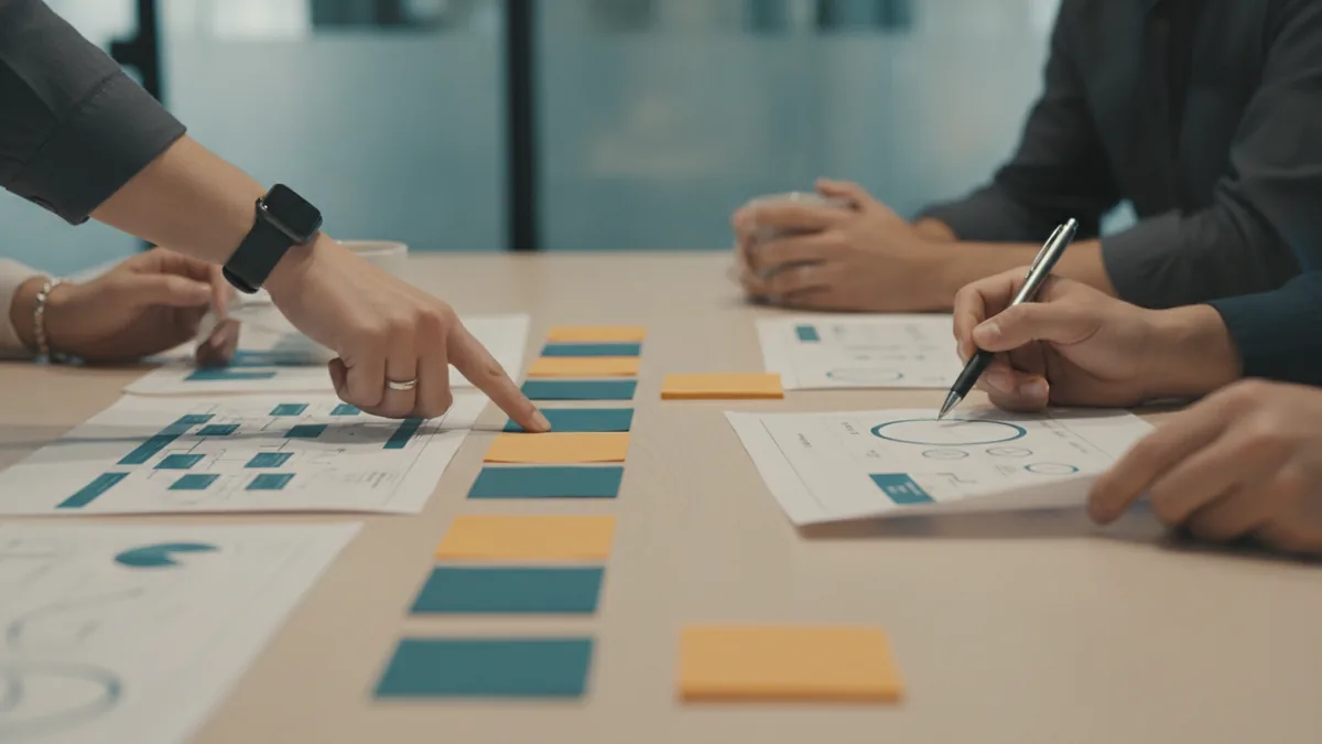 Cross-functional team reviewing customer insights for brand direction