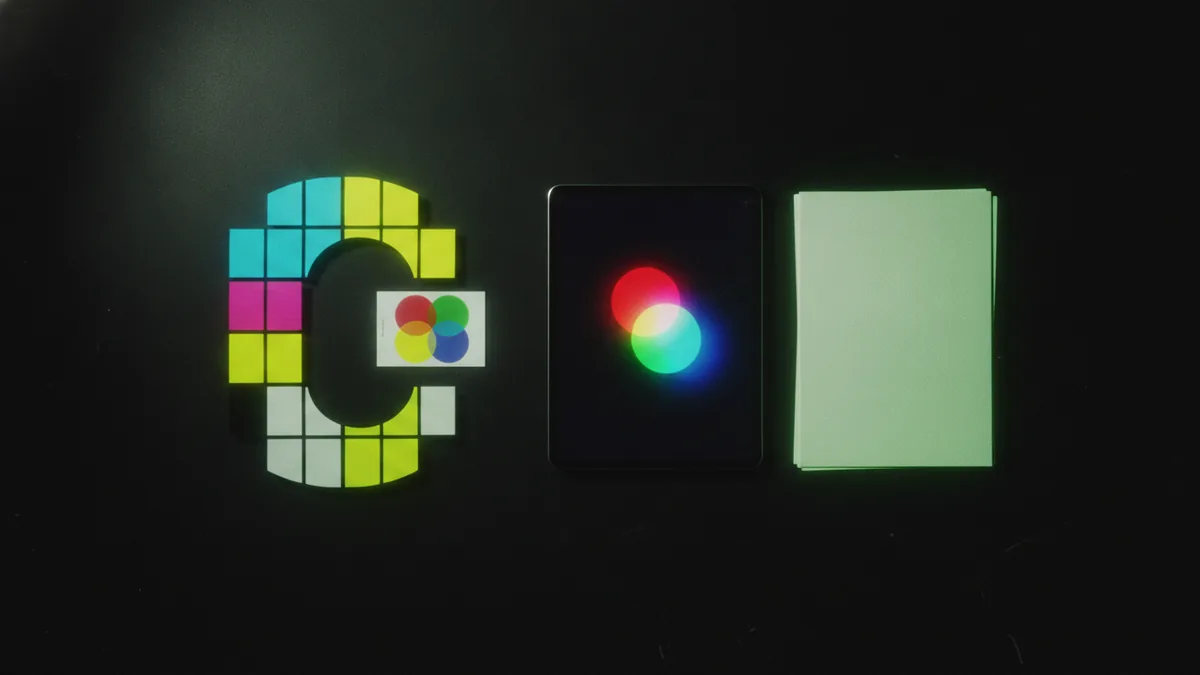 Color swatches and production samples illustrating print and screen differences.
